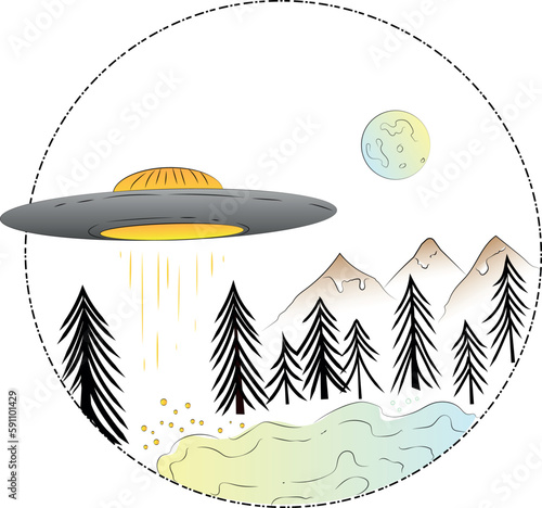 An alien saucer in the mountains shines on the lake
