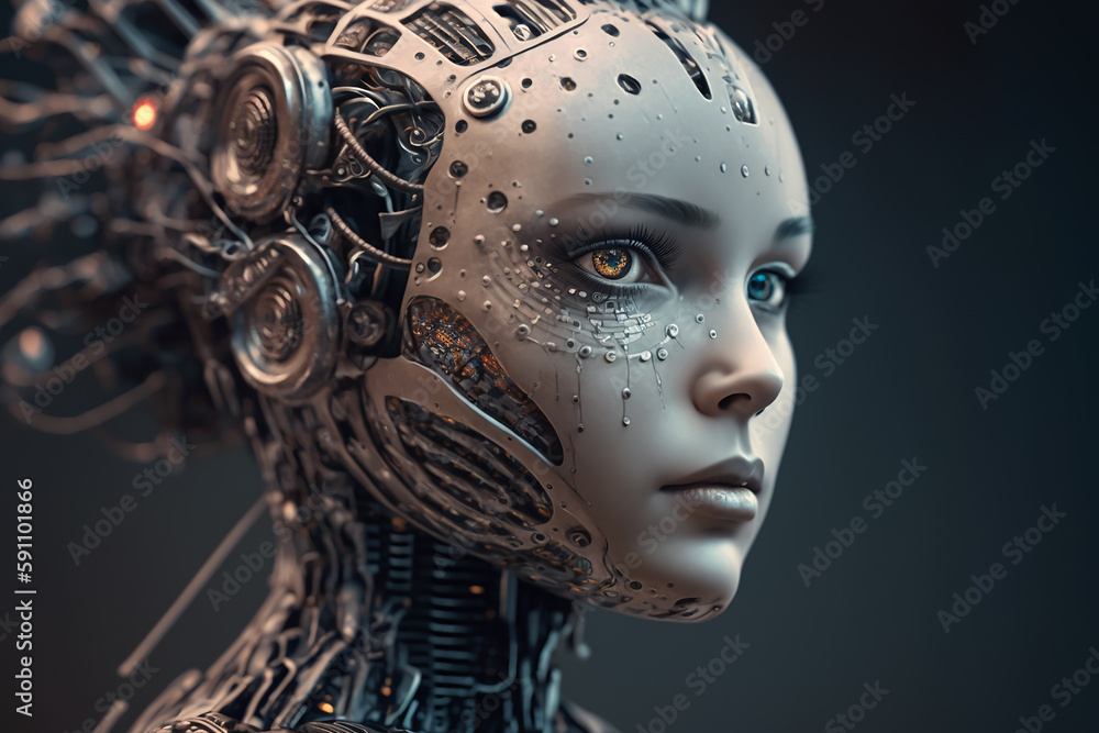 ヒューマノイドロボットの頭部の機械構造のクローズアップ　Generative AI 