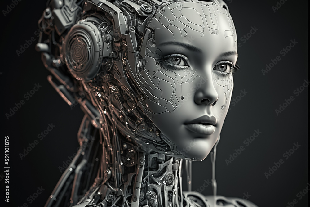 ヒューマノイドロボットの頭部の機械構造のクローズアップ Generative AI ヒューマノイドロボットの頭部の機械構造のクローズアップ Generative AI