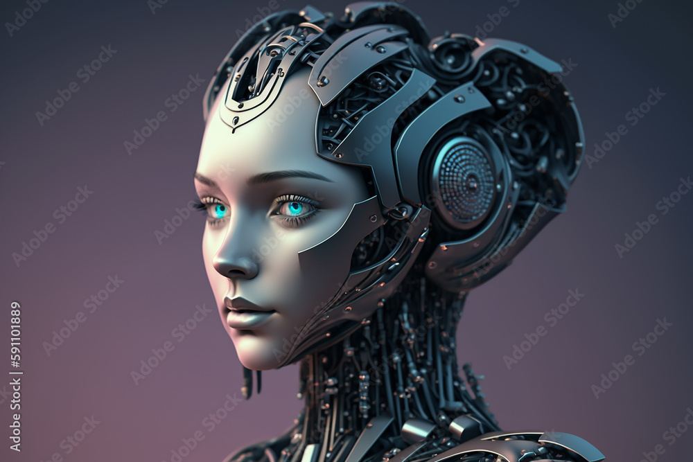 ヒューマノイドロボットの頭部の機械構造のクローズアップ　Generative AI 