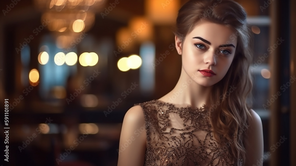 Young beautiful pretty girl in evening dress posing in luxury interior. Fashion photo, generative AI tools