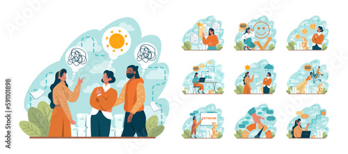 Positive thinking and optimism concept set. Employee motivation