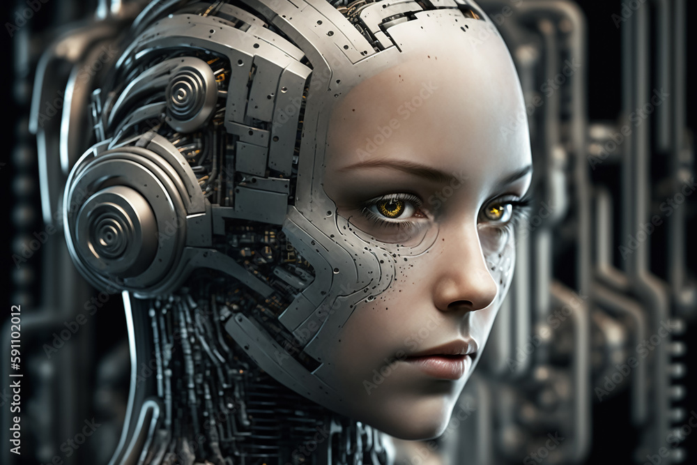 Fototapeta premium ヒューマノイドロボットの頭部の機械構造のクローズアップ Generative AI 