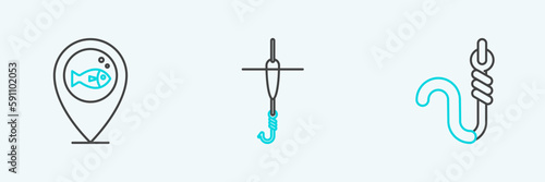 Set line Fishing hook and worm, Location fishing and float icon. Vector