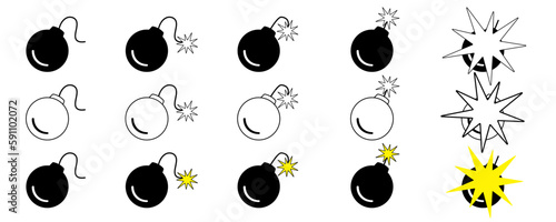 Vector set of bomb and oppression icons. Detonation or explosion from a bomb. Explosion risk and threat, bomb explosion icon set on white background eps10