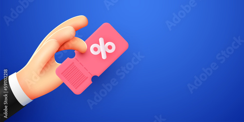 3d hand holds a coupon with percentages for various discounts and sales of goods and online movie tickets.