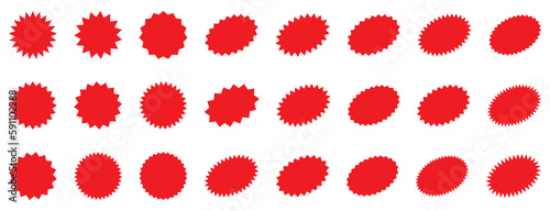 Starburst red sticker set - collection of special offer sale round and oval sunburst labels and buttons isolated on white background. Stickers and badges with star edges for promo advertising.