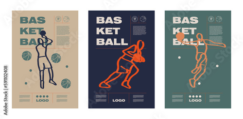 Set of Basketball banners with players. Modern sports posters design in grunge style, sketch, engraving. Hand drawing. Sports print, cover, template, sports covers, basketball hoop.