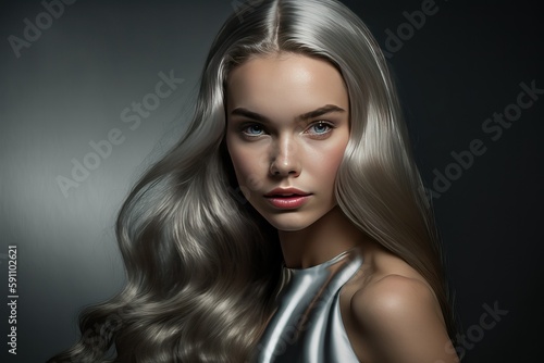 Glamorous girl model showcasing hair care product in a shoot (Ai generated)