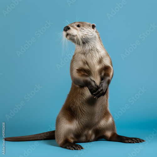 otter standing isolated on blue studio background, made with generative ai