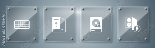 Set Case of computer, Hard disk drive HDD, and Keyboard. Square glass panels. Vector