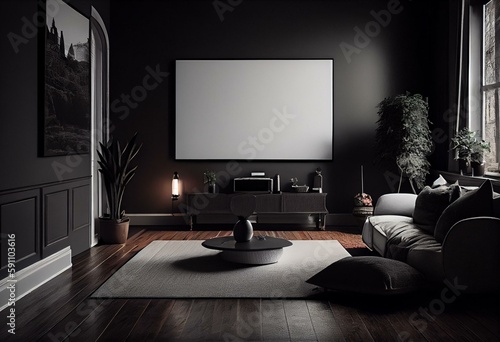 Dark living room interior with empty white poster. Generative AI