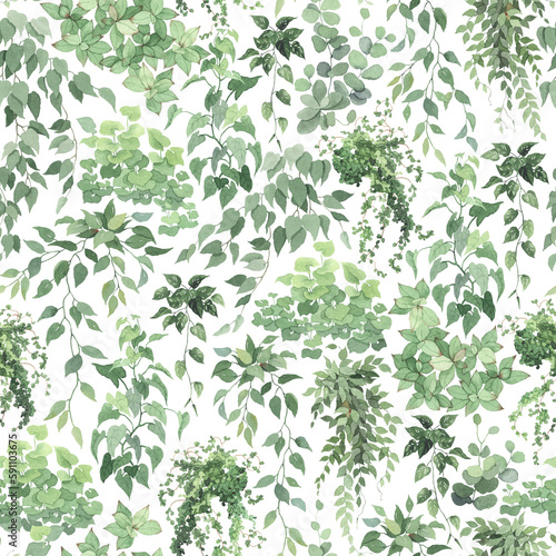 Green floral seamless pattern with plants, watercolor isolated illustration for wallpapers, textile, spring background or greenery garden print.
