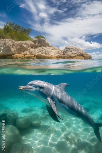 dolphin swimming in shallow tropical water, made with generative ai