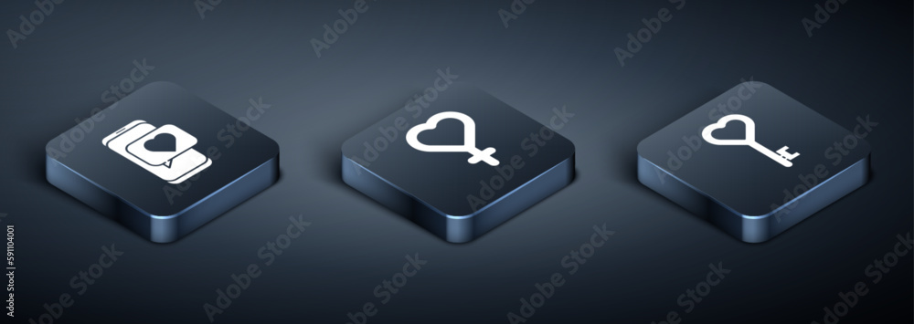 Set Isometric Online dating app and chat, Key in heart shape and Female gender symbol icon. Vector Set Isometric Online dating app and chat, Key in heart shape and Female gender symbol icon. Vector