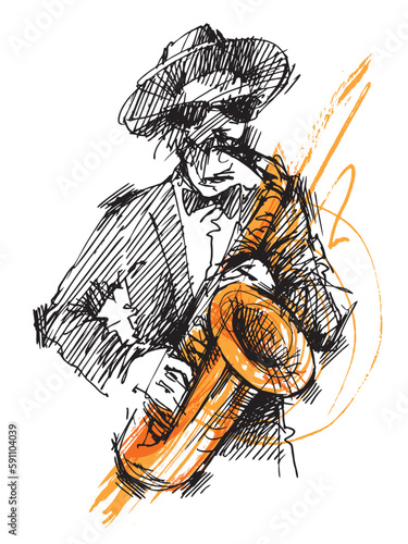 Jazz saxophone player. Line drawing of a saxophonist. Jazz poster. Vector illustration jazz musician playing the saxophone. Blues Club