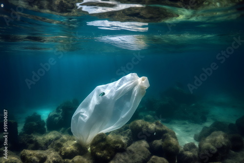 a plastic bag floating underwater in the ocean, made with generative ai