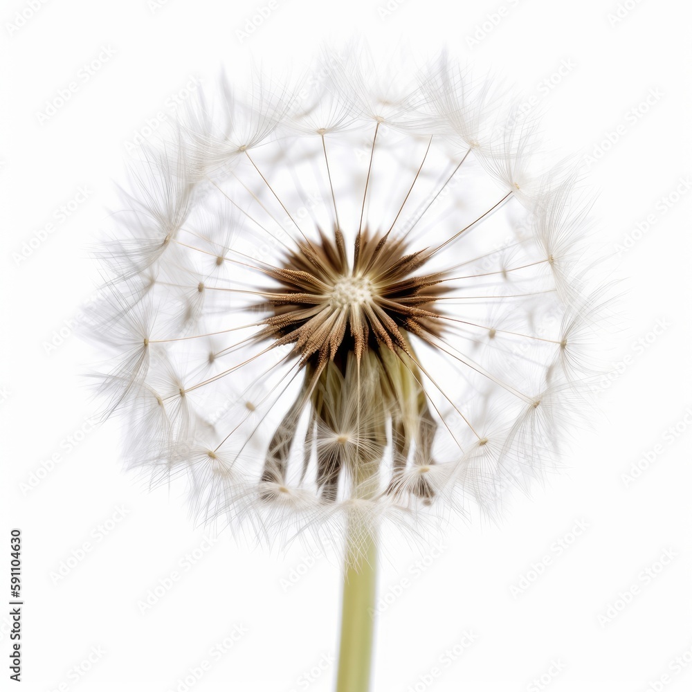 Delicate Beauty: Closeup of a Single Dandelion on White Background, Generative AI