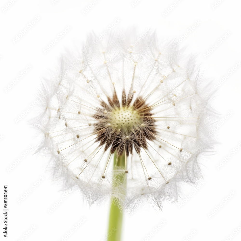 Delicate Beauty: Closeup of a Single Dandelion on White Background, Generative AI