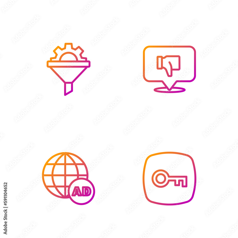 Set line Key, Advertising, Sales funnel with gear and Dislike speech bubble. Gradient color icons. Vector Set line Key, Advertising, Sales funnel with gear and Dislike speech bubble. Gradient color icons. Vector