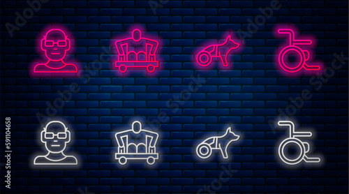 Set line Man without legs sitting wheelchair, Dog, Poor eyesight and Wheelchair. Glowing neon icon on brick wall. Vector