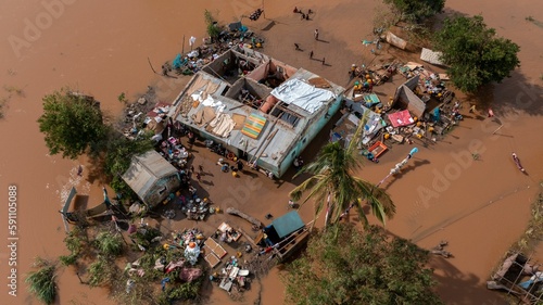 Aerial of the poor population of Africa living in old buildings during the flood