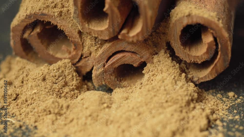 Cinnamon sticks close-up view, Spices with cinnamon. Food cooking video concept. Cinnamon sticks close-up view, Spices with cinnamon. Food cooking video concept.