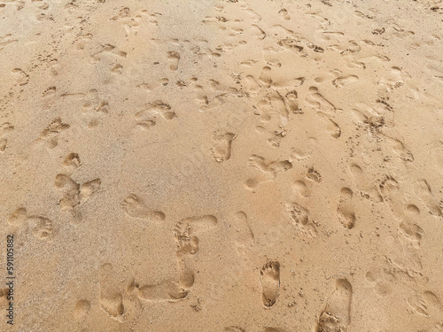 Many leaving footprint on the sand. Close-up many people footprint from foot step walking many direction on the sand beach. Beach travel, summer background concept.