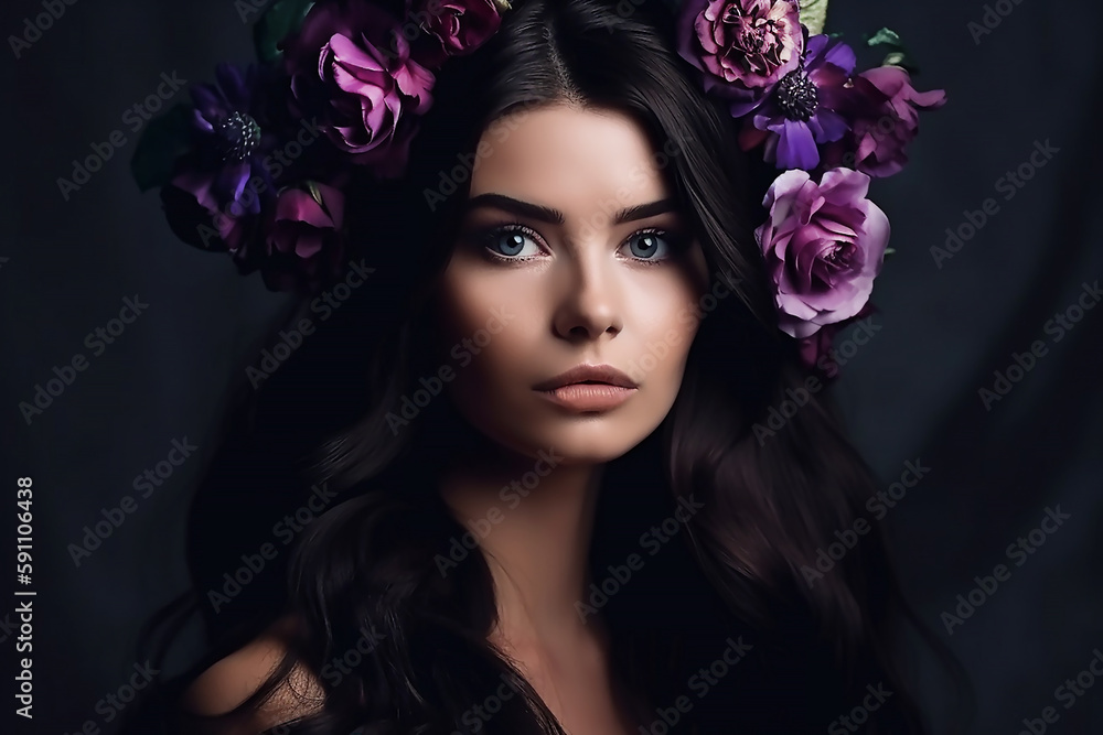 Fototapeta premium Brunette Model Portrait with Purple Flowers in her Hair, Beauty Woman With Long Black Hair, generative AI tools