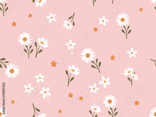 Seamless pattern with daisy flower on pink background vector illustration.