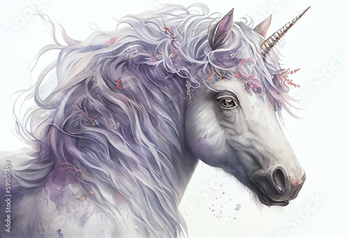 watercolor white unicorn illustration  fairy tale creature  violet curly hair  mythical animal clip art  isolated on white background. Generative AI