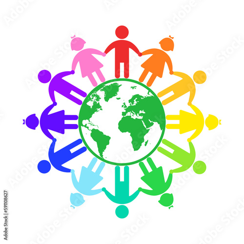 World Children's Day symbol with boys and girls standing together holding hands around the globe. Rainbow colored silhouette in icon style. Universal vector sign for baby protection and care concept.