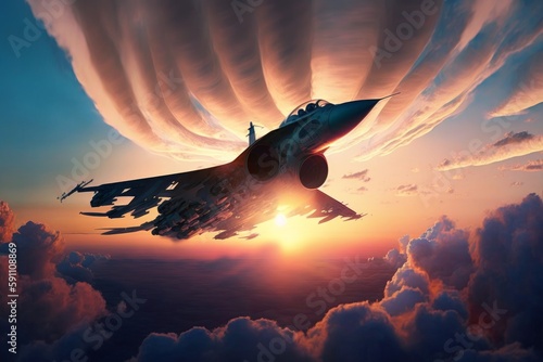Fighter flying in the sky at sunset. Jet flying through volumetric clouds on sunrise. Generative AI © senadesign