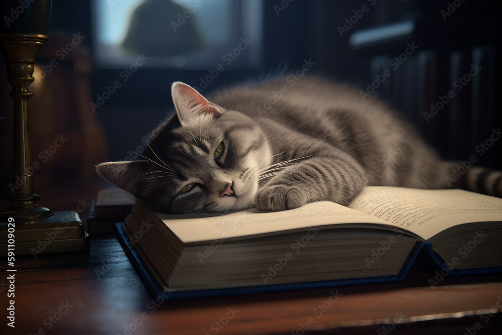Grey cat sleeping on top of a book Grey cat sleeping on top of a book