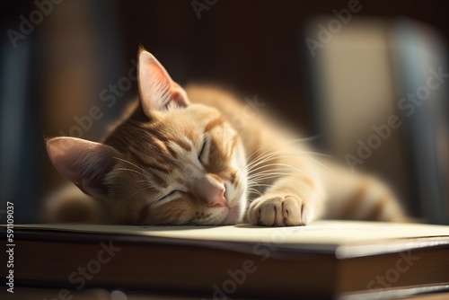 Tired cat sleeping on a book © Creative AI Artworks
