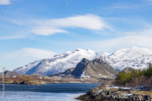 Snow covered mountains in spring,Helgeland coast,Norway
