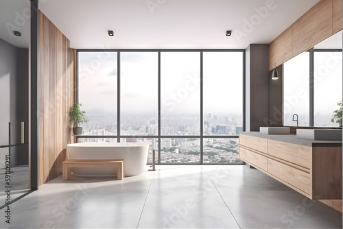 Modern wood and concrete bathroom interior with empty mock up place on wall,ai
