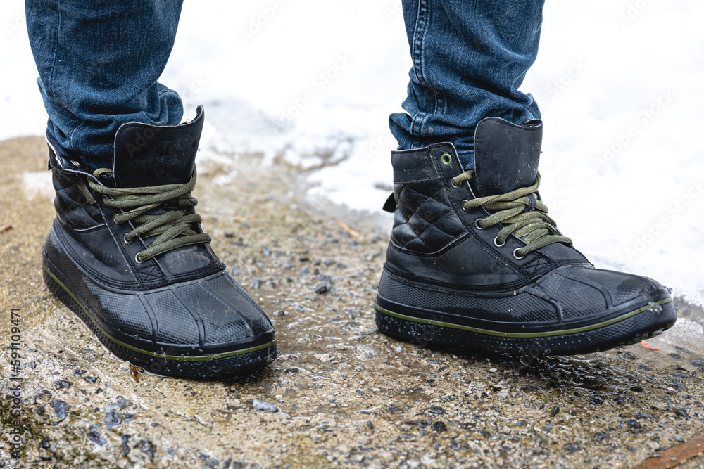 Quality waterproof boots for bad weather, close-up.