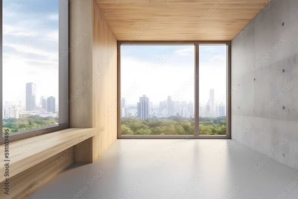 Fototapeta premium Modern wood and concrete bathroom interior with empty mock up place on wall,ai