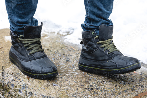 Quality waterproof boots for bad weather, close-up.