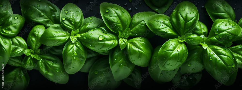Lush basil leaves with fresh droplets, their glossy green in a top view that’s perfect for a culinary banner.
