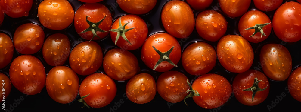 Sun-kissed cherry tomatoes in rows, their glossy skins catching the light, offer a vibrant splash of color