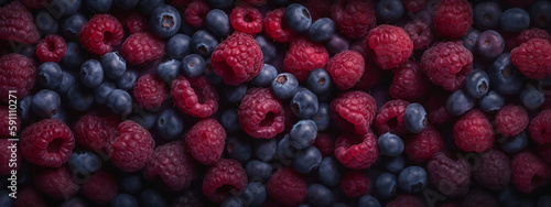 A sea of blueberries and raspberries from above, their rich colors a vivid banner of natural sweets.