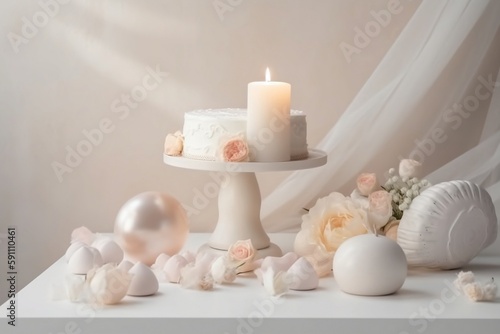 White cake and soft pastel colored decorations. Love day, wedding day. Valentine. Rose. White and pink background. Generative AI