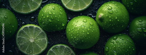 Bright green limes wet with freshness, a visual that's perfect for a refreshing summer drinks banner.