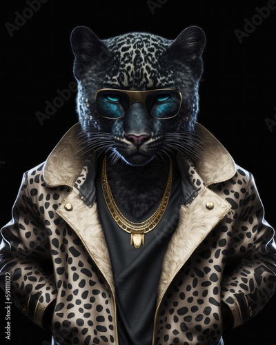 Brutal panther in glasses and a jacket on a black background