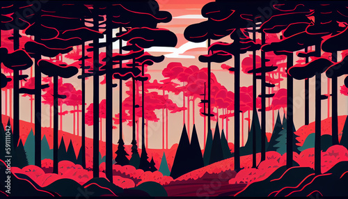 Autumn forest vibrant colorful neon Vintage Minimalistic, Generative AI