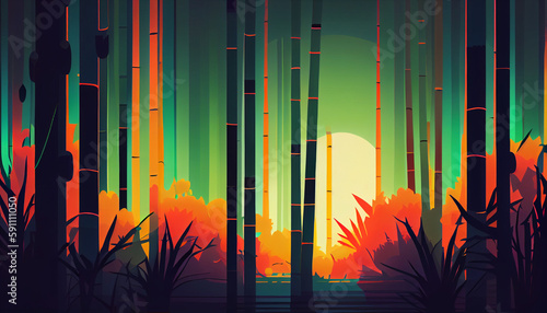 Bamboo forest vibrant colorful neon Vintage Minimalistic  Generative AI