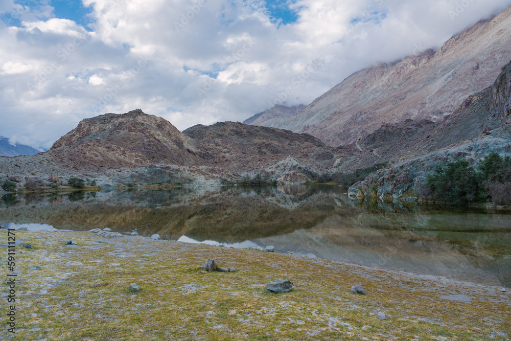 Hidden Buddhist Sacred Tso Yarab Lake. Himalaya mountains range. India, Ladakh, near Panamik, Sumur village, altitude 3300 m