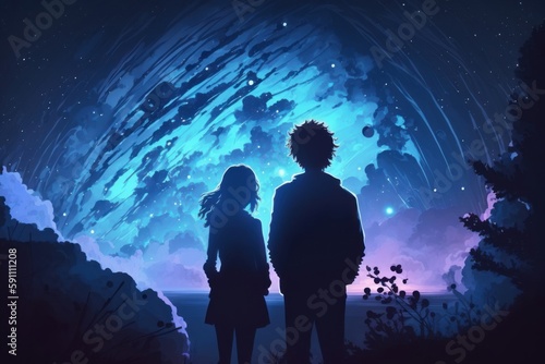 man and girl against background night city. night starry sky and horizon. Concept date Valentine's Day. first kiss love, forever together. Generative AI